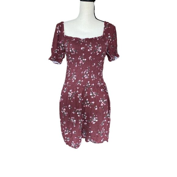 Vintage casual shirred short sleeves floral‎ burgundy romper women size M/L - Picture 2 of 9